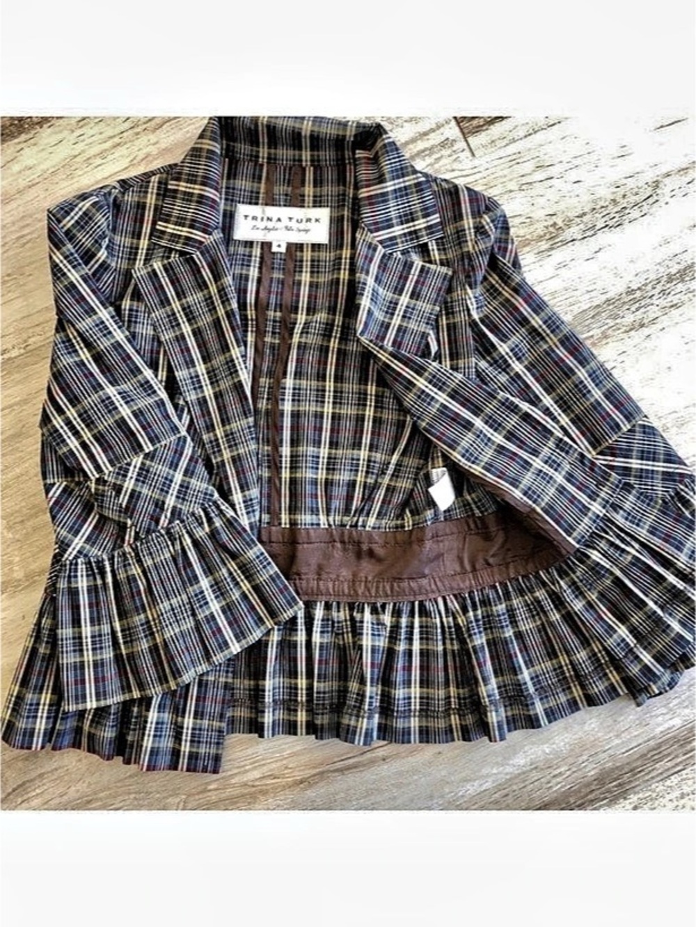 Trina Turk Plaid Peplum Blazer Ruffle Sleeve Blazer Size 4 Like New